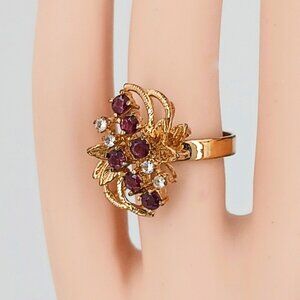 Vintage Uncas Cocktail Ring Garnet CZs Spray Design 14kt Gold Plated Size 7 UNR3